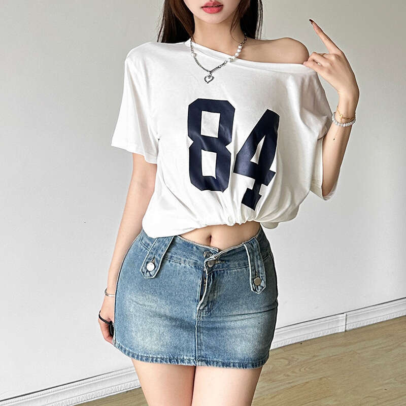 2024 Summer New Women's Street Fashion Letter Print Asymmetrical Neck Loose T-Shirt 16d