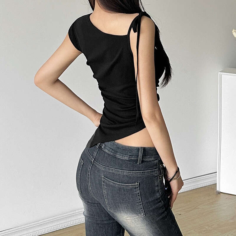 2024 Summer New Women's Solid Color Slim Street Fashion Strap Sleeveless Ruched Top f5b