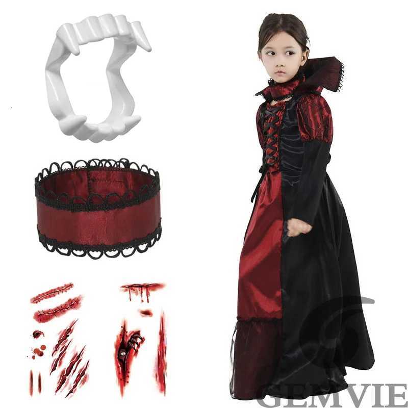 Girls Halloween Costume Vampire Dress Up Child Vampiress False Teeth Role Play Carnival Par Cosplay Outfits with Stickers Z250725