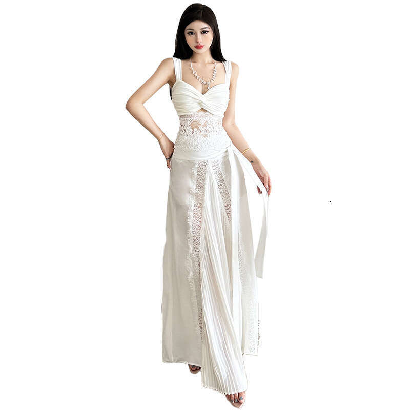 2025 Summer New Trend Lace Sleeveless Top High Waist Slim Fit Elegant Bodycon Long Skirt Set 10b