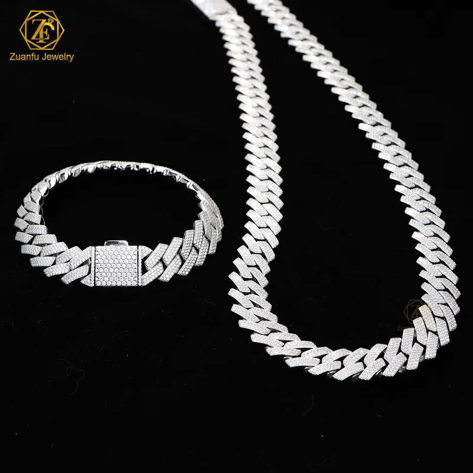 RTS 15mm 3-Rows Ice Out Diamond Hip Hop Moissanite Fine Necklaces 925 Sterling Silver White Gold Cuban Link Chain for Men