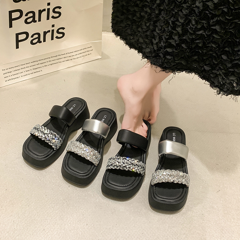 Ddmysports Thick Sole Rhinestone For Women Genuine Leather Outdoor Wear Open Toe Beach Sandals Korean Style Mid Heel Versatile One Word Slippers Outdo