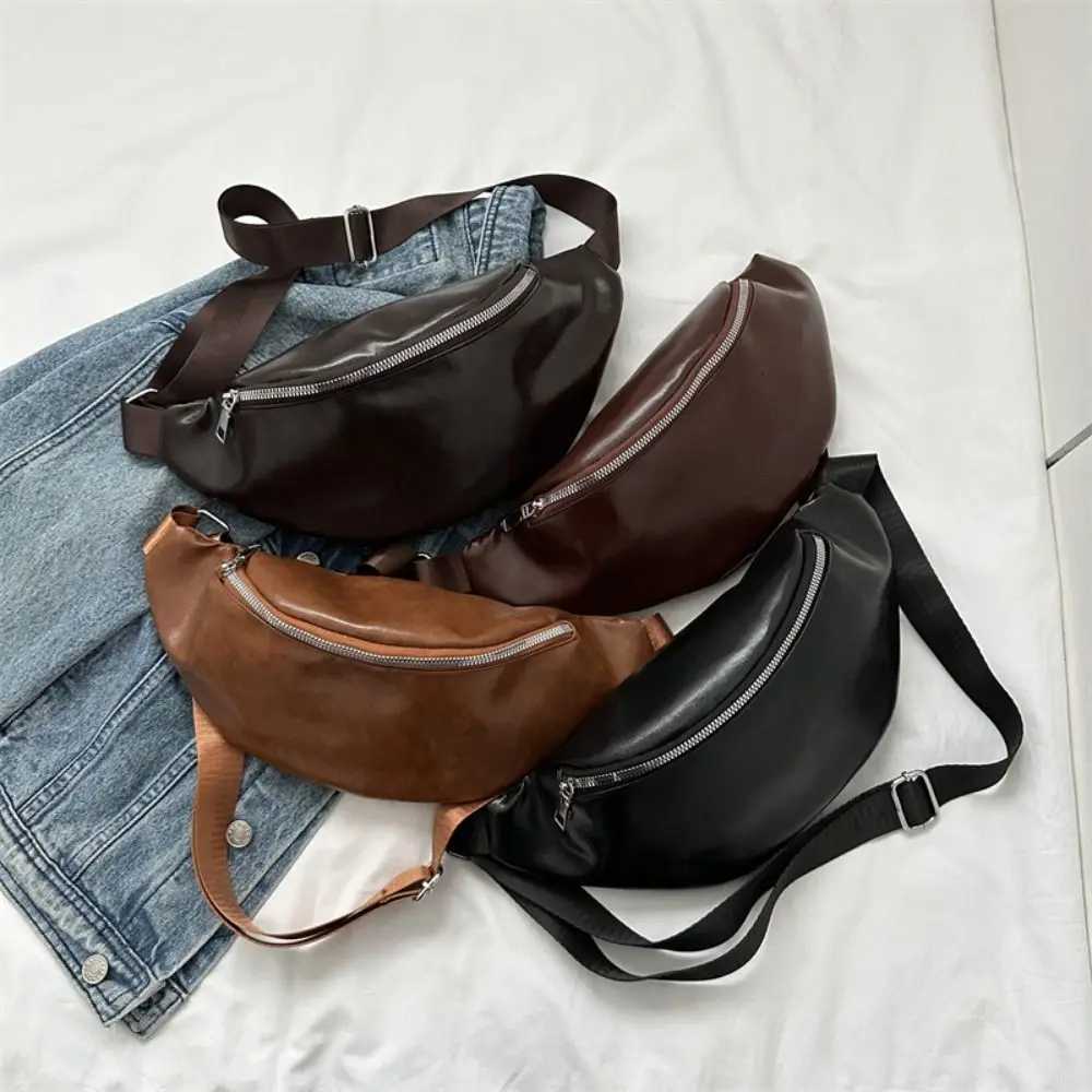 Casual Fanny Packs PU Leather Bag Solid Color Korean Style Banana Bag Large Capacity Half Moon Bag Crossbody Waist Pack Sport Y250724