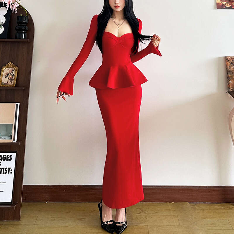 2024 Autumn New Women's Solid Color Slim Street Fashion Square Neck Long Sleeve Split Dress 132
