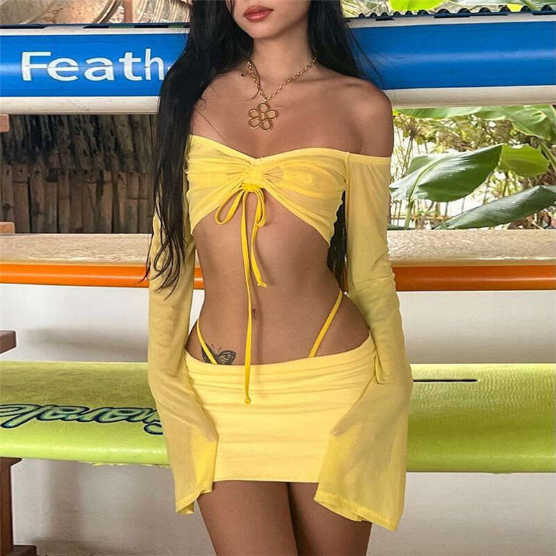 2022 Summer New Women's Solid Color Slim Off-Shoulder Long Sleeve Fashion Half Skirt Set 0e7