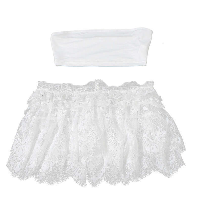 2025 Summer New Women's Fashion Street Style Sexy Lace Trim Strapless Two-Piece 8e0