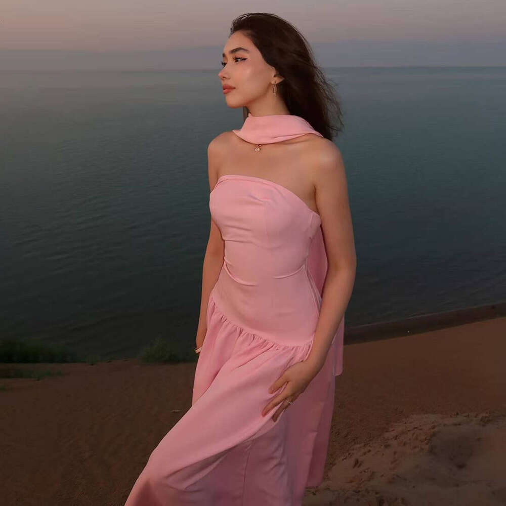 2025 Summer New Solid Color Slim Fit Versatile Off-Shoulder Strapless Sleeveless Elegant Dress 7ce