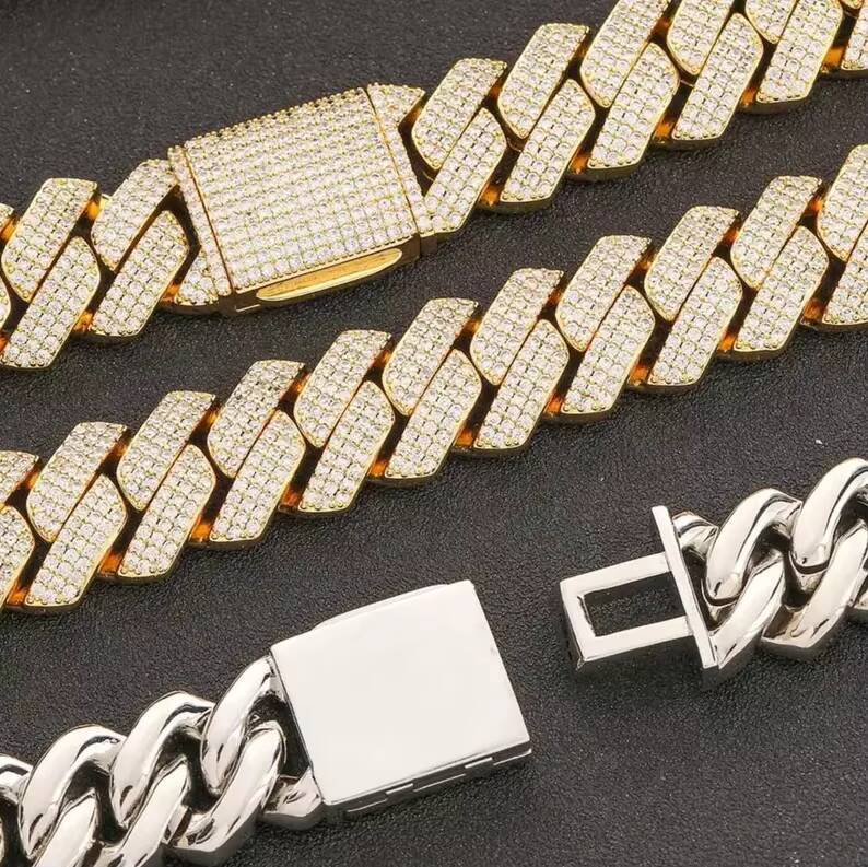 High Quality 925 Sterling Silver Moissanite Cuban Link Chain 20mm Bracelet Hip Hop Jewelry 3Rows Mossanite Cuban Chain