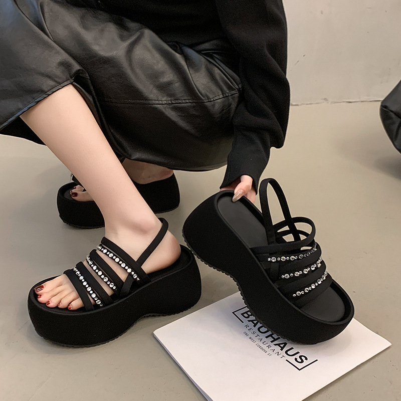 Ddmysports Platform Thick Sole Rhinestone Sandals For Women Summer New Style Black Strap Versatile With Skirts Height Increasing Beach Shoes Outdoor S