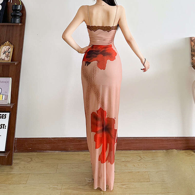 2025 Summer Ins Style Plant Print Slim Sleeveless Backless Slimming Color Block Lace Strap Long Dress for Women 2a1