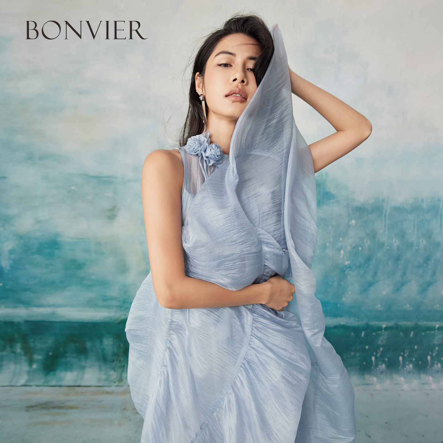 2025 summer new three-dimensional flower temperament cake skirt elegant long skirt holiday style sky blue halter neck skirt 6116808