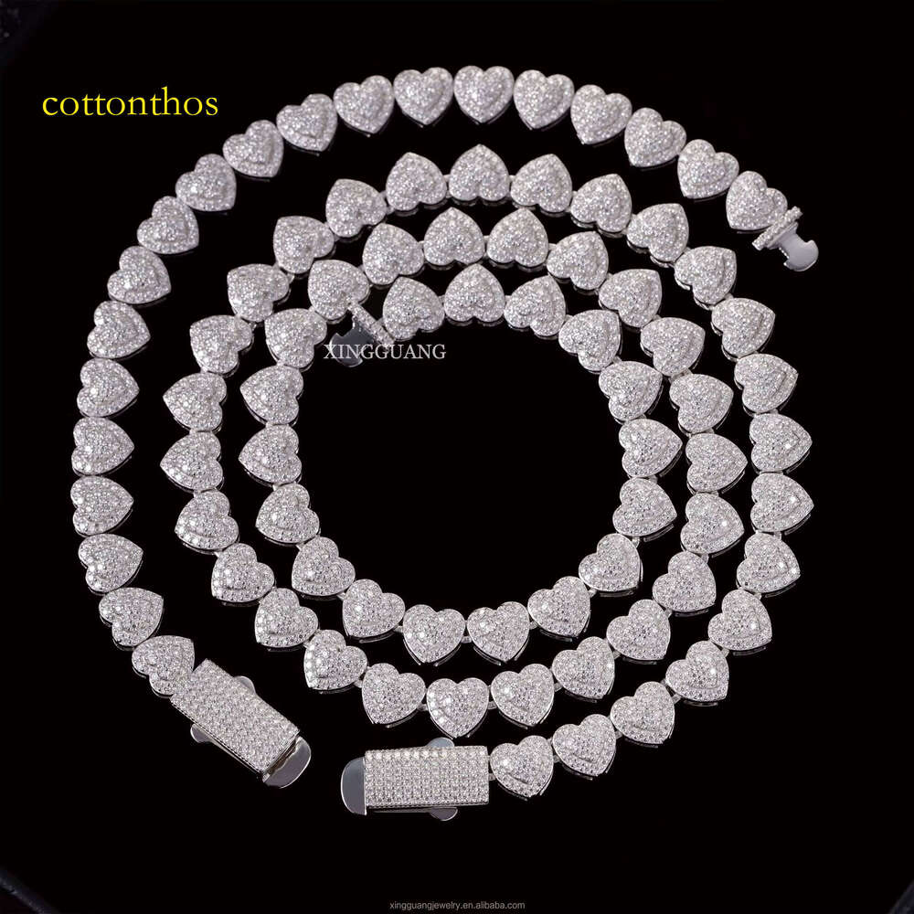 Heart Shape 10mm Wide S Sier Men Hip Hop Necklace VVS Moissanite Cuban Link Chain