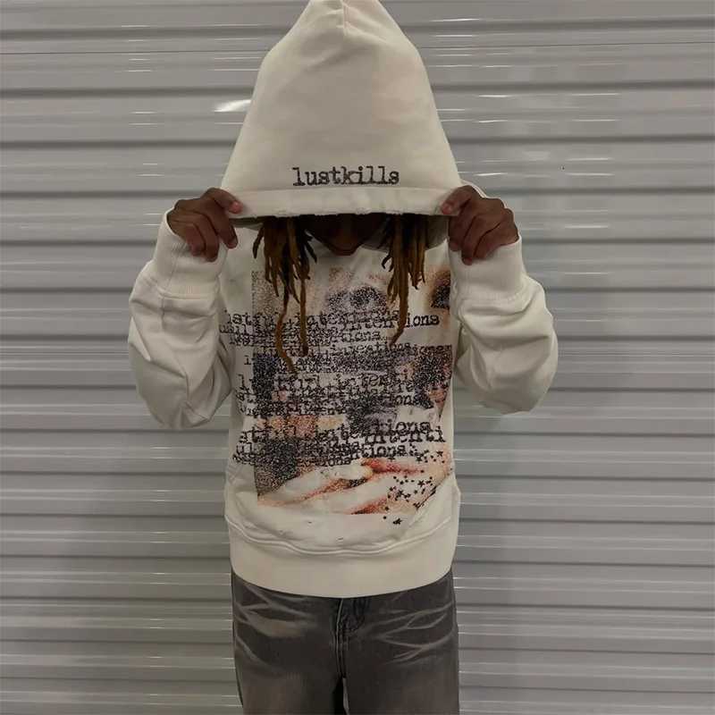 Artistic Design Patterns Printing Casual Loose White Distressed Pullover Hoodie Y2K Fashion Men Women Versatile Trend Streetwear X250725