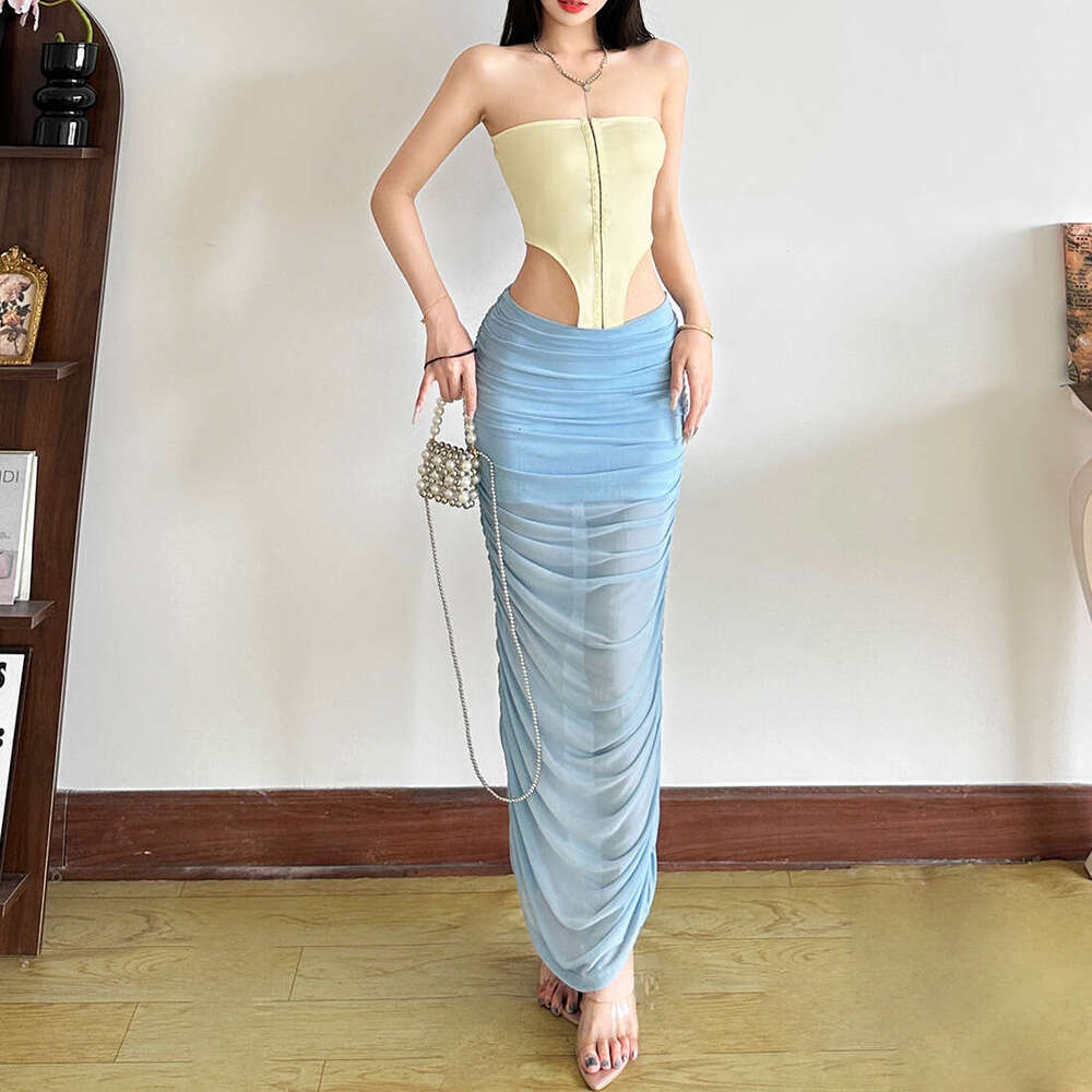 2025 Summer New Fashion Color-Block Elegant Sexy Backless Slim Fit Tube Dress for Women 2cc