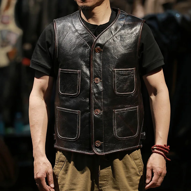 Mens Casual Retro Cowhide Leather Motorcycle Vest Sleeveless Tank Top in BrownCoffeeBlue Colors for Waistcoat Wear 250725