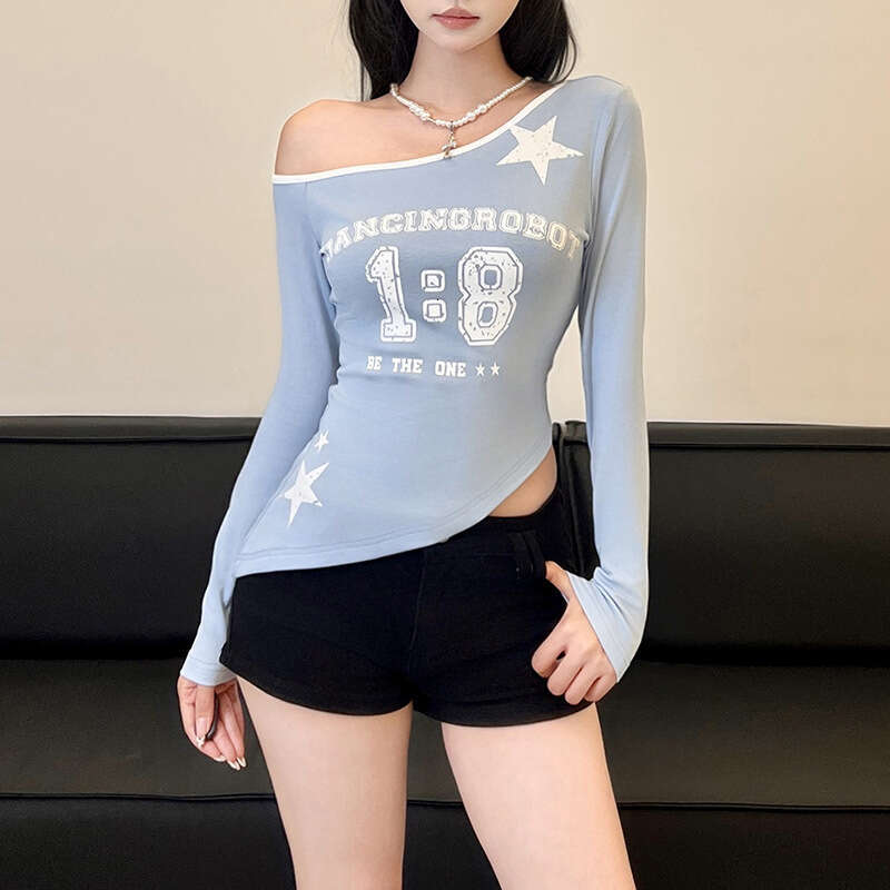2024 Autumn New Women's Fashion Solid Color Slim Street Style Asymmetrical Neck Long Sleeve Printed Top 840