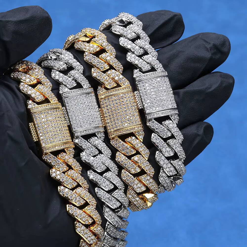 15mm Double Layer Moissanite Cuban Chain Necklace | S925 Sterling Silver Claw Setting Hip Hop Style