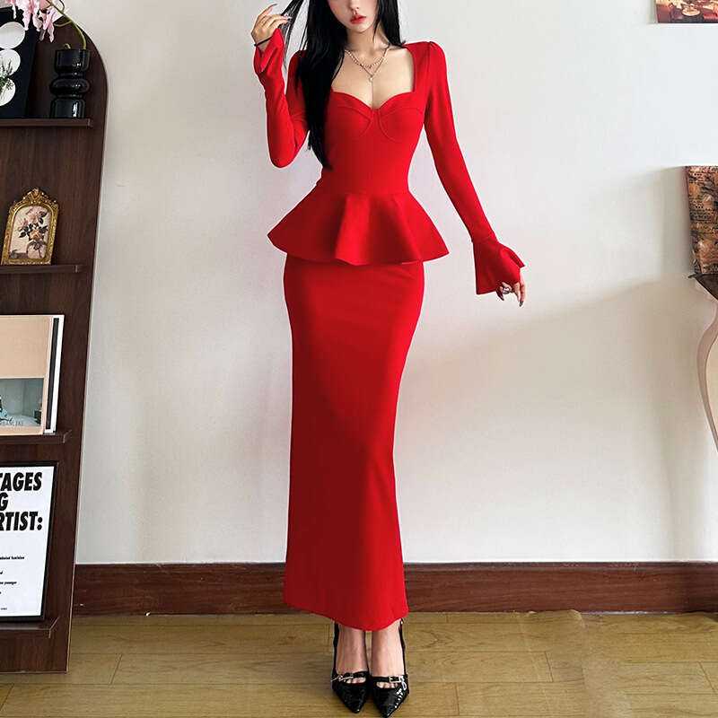 2024 Autumn New Women's Solid Color Slim Street Fashion Square Neck Long Sleeve Split Dress 132