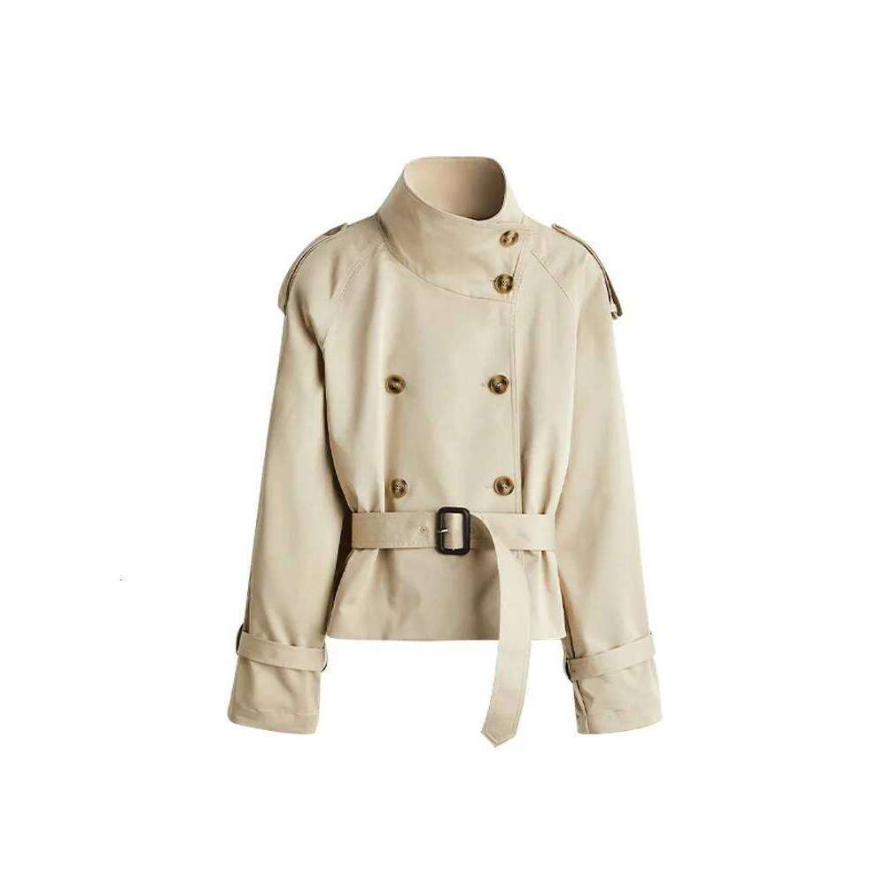 Spring Women's Short Jacket Trench Coat Belt Double Breasted Stand Collar Long Sleeve Outerwear 2025 New High Street Windbreaker