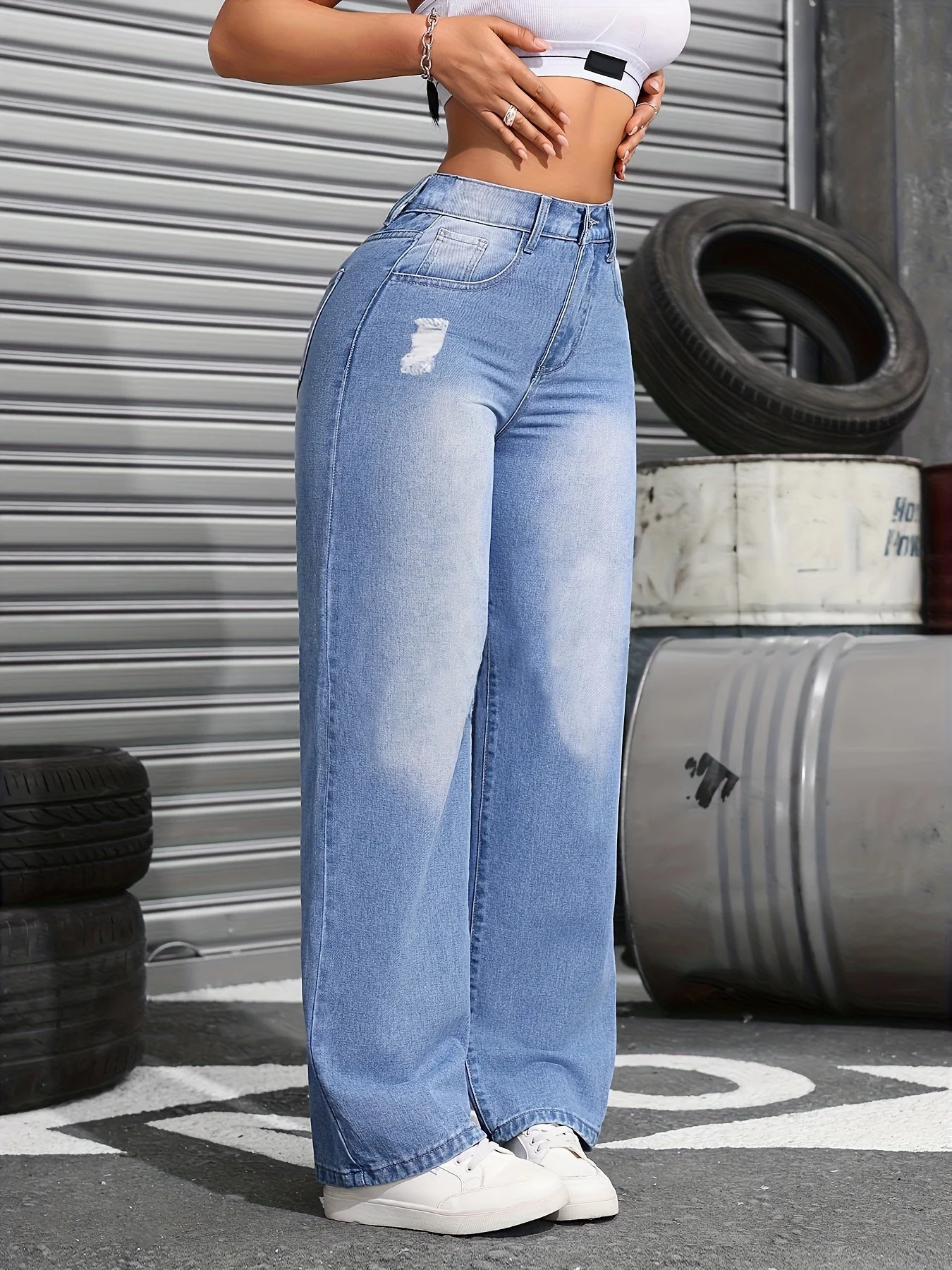 Womens HighWaist Elastic Zipper Casual Jeans Torn Straight Leg Wide Pants Medium Stretch Cotton Blend FourSeason Neutral Loos 250717