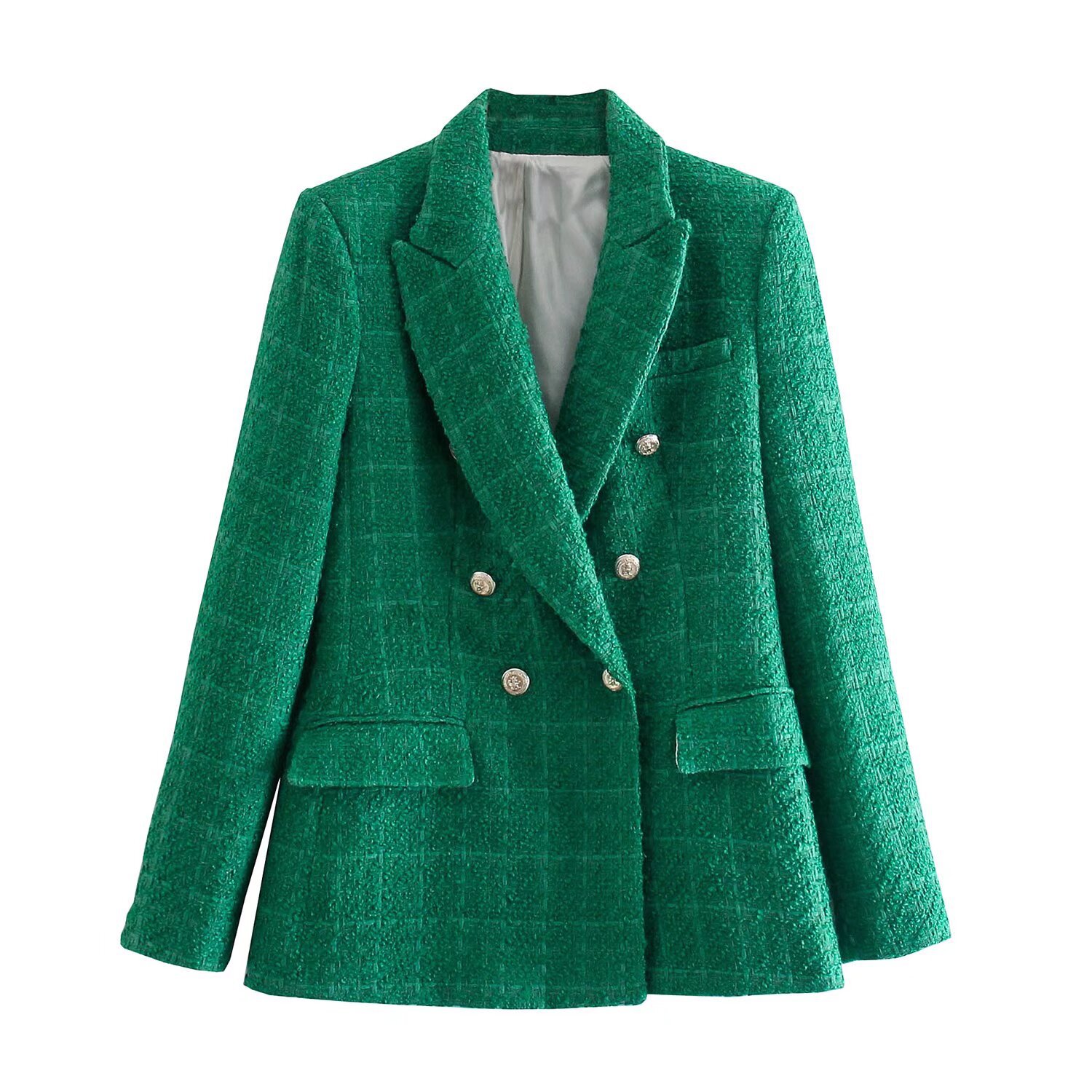 Women's Spring Autumn Fashion Double Breasted Tweed Plaid Blazer Coat Retro Long Sleeve Pocket Jacket