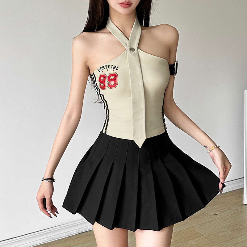 2024 Summer New Women's Solid Color Slim Fit Street Fashion Halter Sexy Backless Tank Top 498