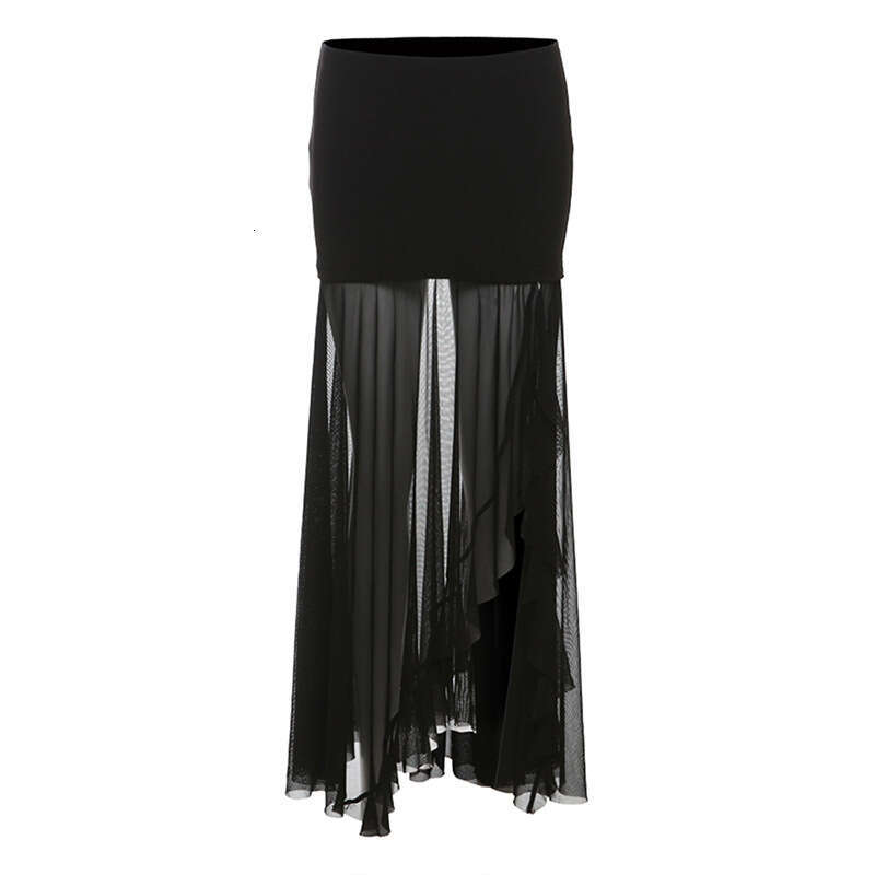 2024 Spring New Women's Solid Color Sexy High Waist Mesh Patchwork Skirt 163