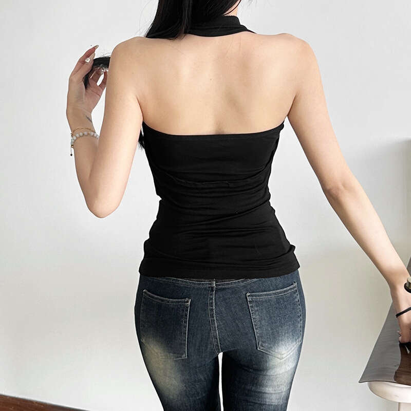 2025 Spring New Women's Solid Color Slim Fit Street Fashion Halter Sexy Backless Tank Top aee