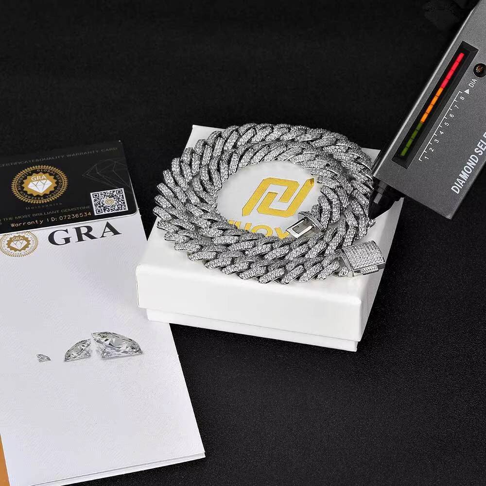 HipHop 925 Silver Men Double Row 15mm Rhombus Cuban Necklace Trendy Brand Moissanite Diamond