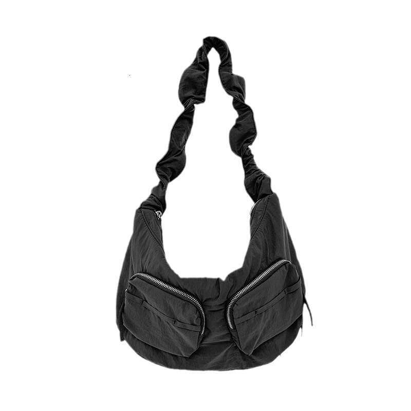 2025 Summer New Pleated Nylon Fabric Solid Color Single Shoulder Niche Lotus Leaf Drawstring Casual Versatile Crossbody Bag for Women