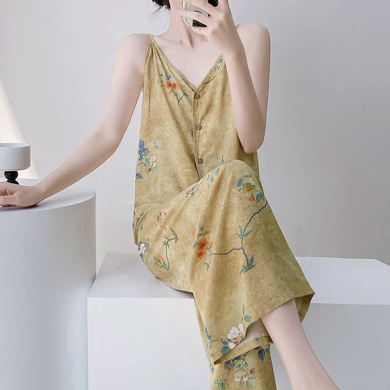 Women's light luxury cotton silk pajamas, two-piece set for spring, summer and autumn, loose and simple, plain color, halter top and cardigan set