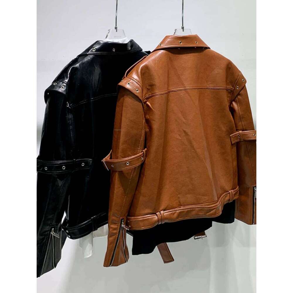 Fashion 2025 Autumn Metal Leather Jackets Men's Irregular Splicing Design Trendy Short High Street Jacket Long Sleeve Tops