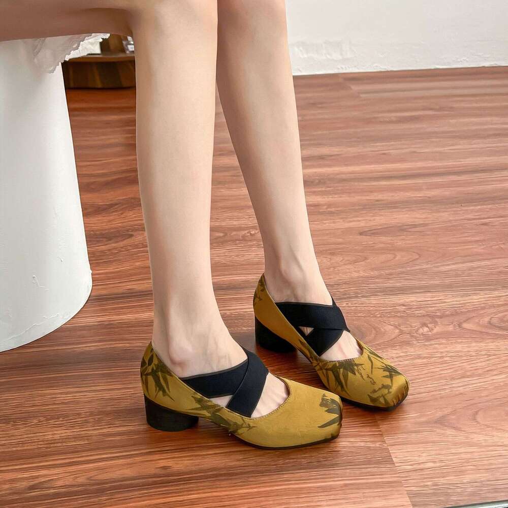Autumn New High Heel Single Women 2025 Elegant Square Toe Women's for Outdoor Wear with High-end Feel Cross Strap National Style Ballet Shoes