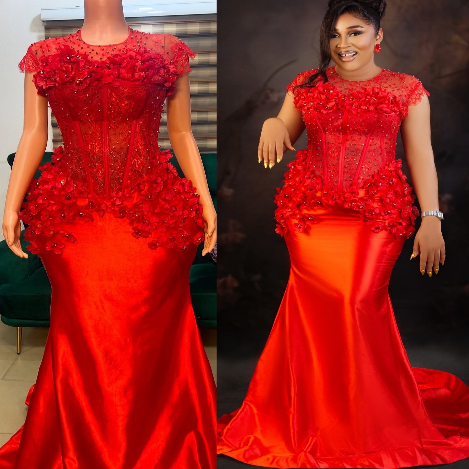 Mermaid Red Prom Dresses 2025 Flowers Pearls Crystals Satin Evening Formal Party Second Birthday Engagement Gowns Plus Size Dress For Special Occasion