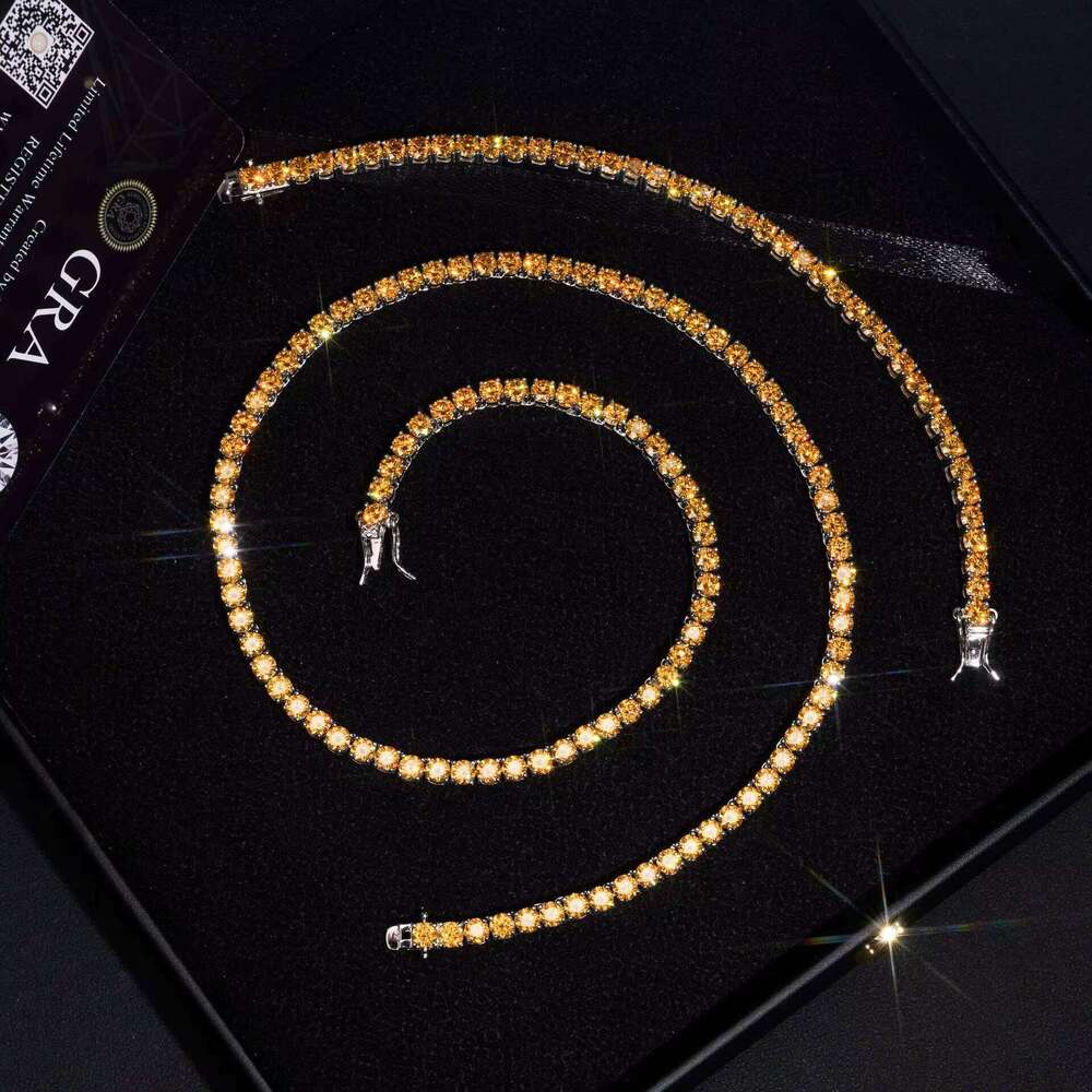 Hip Hop Boutique Jewelry Sterling Sier 3mm Iced Yellow Diopside Tennis Chain Necklace Men's Gift