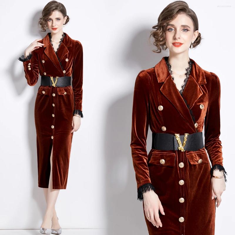 Lanjia- Casual Dresses Autumn Elegant V-Neck Veet Dress Women Long Sleeve Fashion Metre Buttons Split Sheath Bodycon Office Party Pencil Vestidos A669