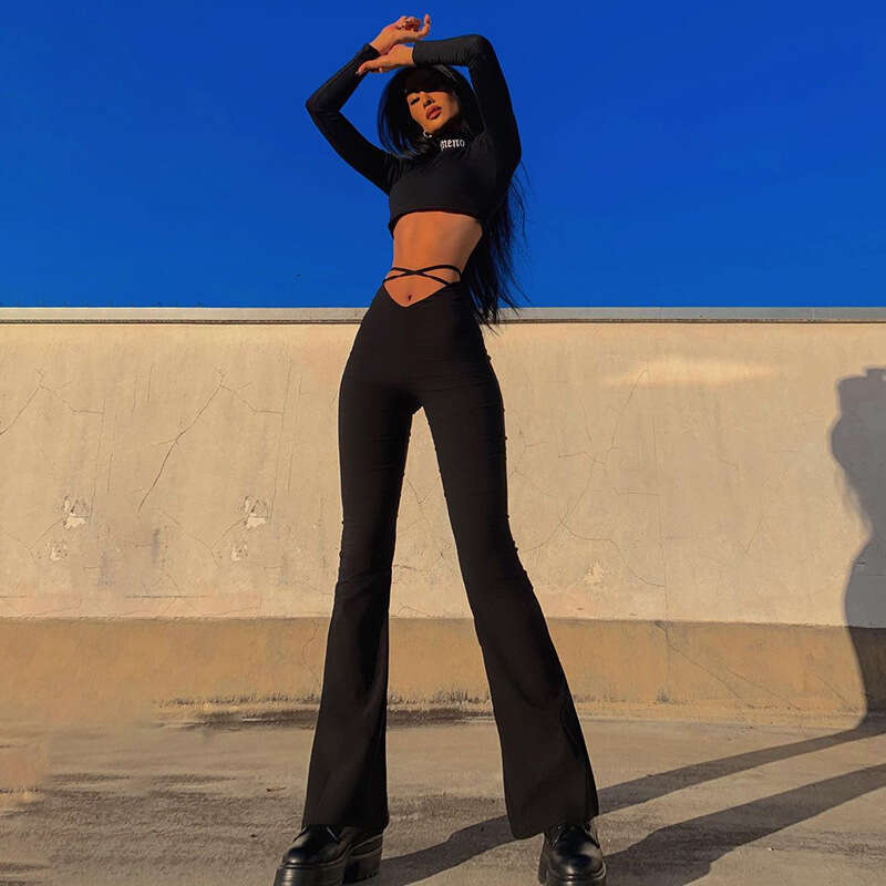 A20957p Women's Autumn New V-Shaped Waist Cropped Cross Strap Flared Casual Pants B5
