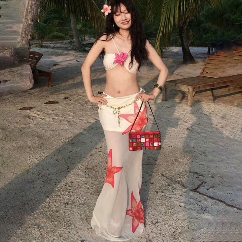 2025 Women's Summer New Street Fashion Printed Strapless High Waist Long Skirt 2f7