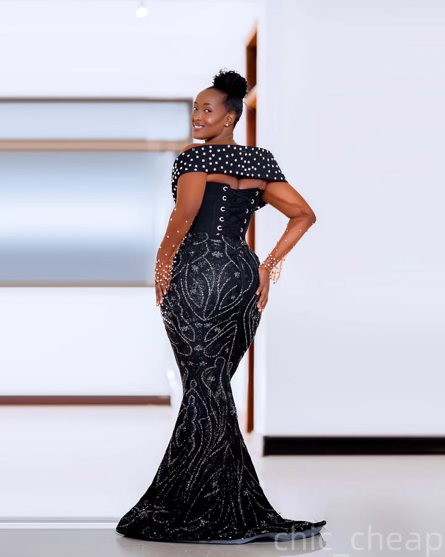 Mermaid Black Prom Dresses 2025 Pearls Crystals Sequined Sheer Neck Evening Formal Party Second Birthday Engagement Gowns Plus Size Dress For Special 