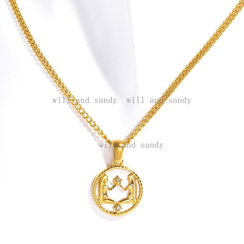 18k Gold Zodiac Sign Necklace Gold Chain Designer Jewelry Cubic Zircon Waterproof Stainless Steel Horoscope Sign Coin Charm Necklaces for Woman Gift F