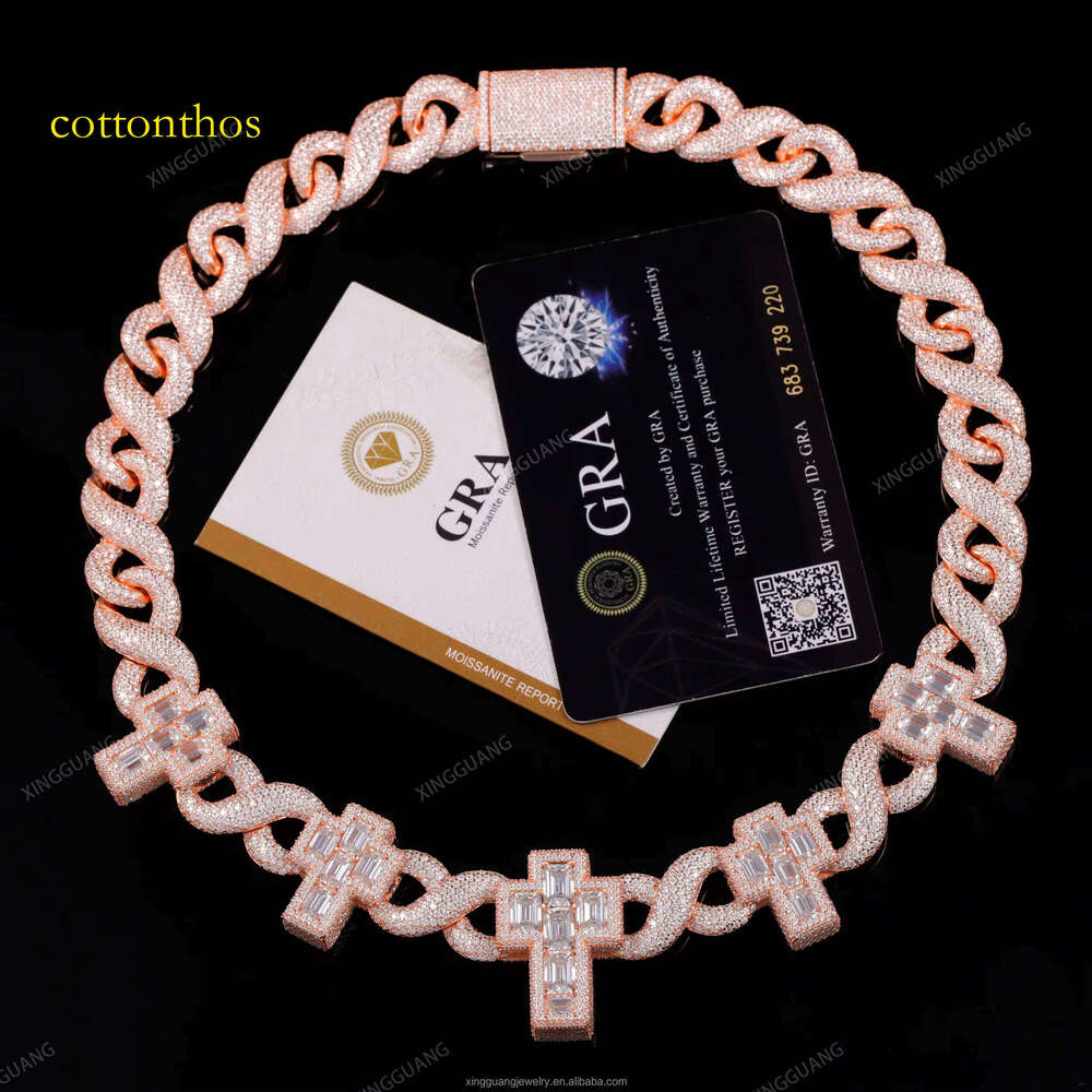 XingGuang Rapper Jewelry Iced Out Cross Design Moissanite Necklace Hip Hop Bracelet Sier Cuban Link Chain