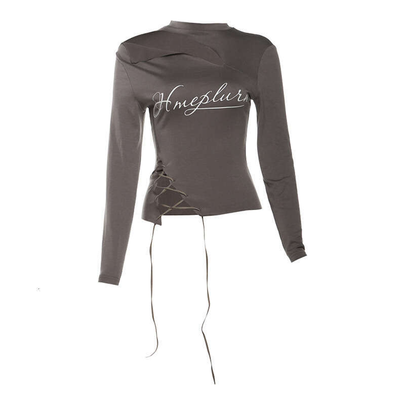 2024 Autumn New Women's Solid Color Slim Street Fashion Asymmetrical Neck Long Sleeve Printed Top d97
