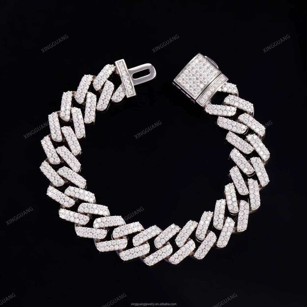 XingGuang Hot Selling Pass Tester Solid Sier 13mm 2Rows Iced Out Hip Hop Moissanite Dia Cuban Link Chain