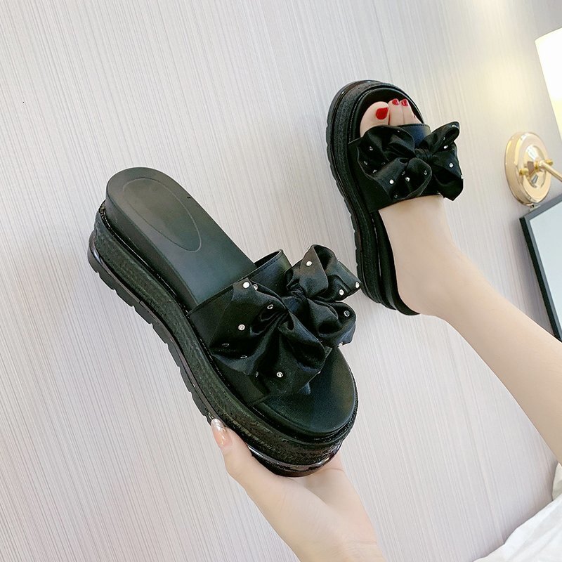 Ddmysports Women S With Bowknot Summer New Wedge Thick Sole Outdoor One Word Slippers Fashion Height Increasing Shoes Outdoor Shoes