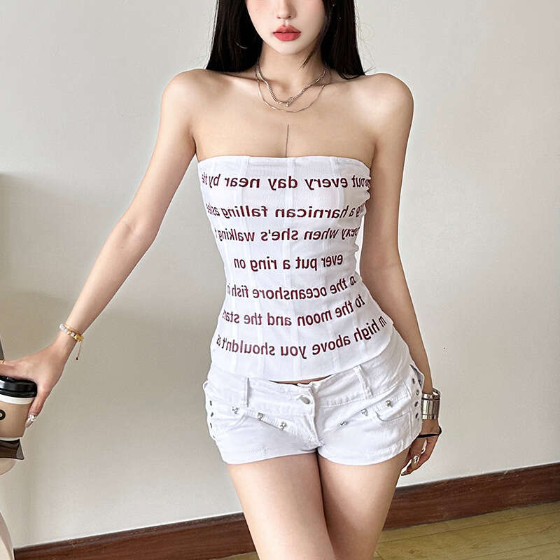 2025 Summer New Pure Desire Sexy Slim Letter Print Sleeveless Backless Versatile Tube Top 37b