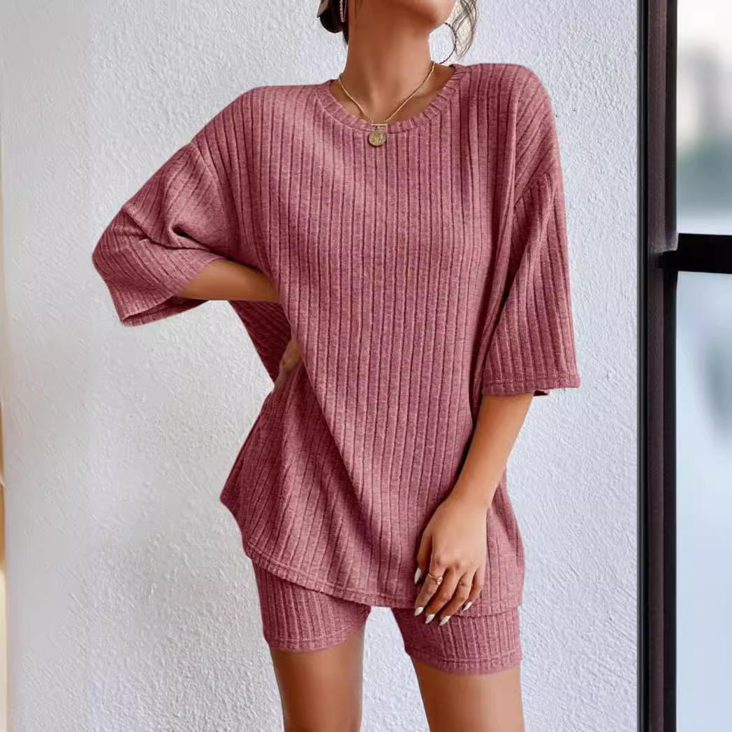 New 2023 Fashion Casual Solid Spring Round Neck Loose fitting Womens Shorts Set