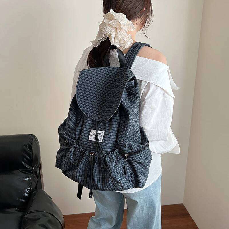 Plaid Nylon Canvas Women's 2025 New Trendy Fashion Korean Style Backpack Casual Large Capacity Computer Bag