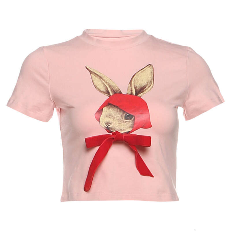 2025 Spring New Women's Fashion Solid Color Slim Fit Crop Top Round Neck Short Sleeve Printed Blouse fd1