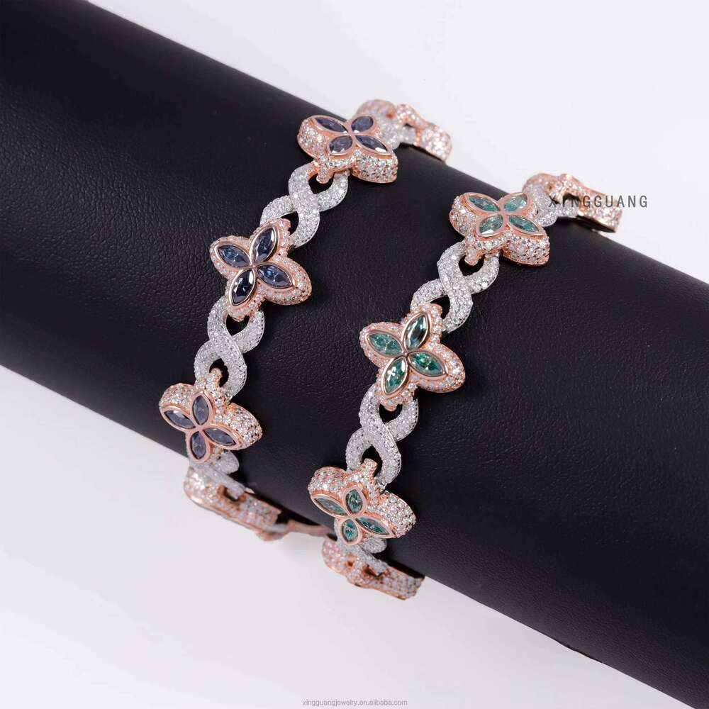 New Fashion Four Leaf Sterling Sier Colored Marquise Moissanite Infinity Link Clover Cuban Bracelet