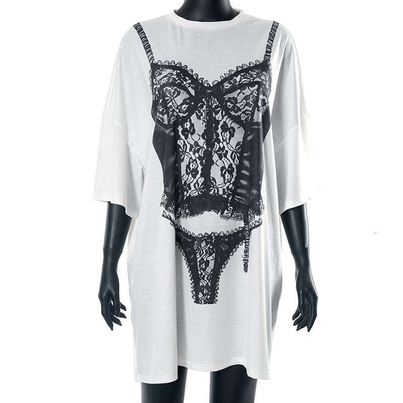 Y23tp318 Women's Summer New Color-Block Lace Bra Printed Round Neck Short Sleeve Loose Top T-Shirt B5